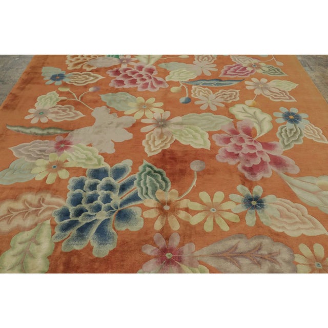1920s Antique Chinese Art Deco Rug in Rust With Bold Floral Design - Rug & Kilim For Sale - Image 5 of 7
