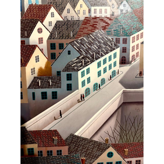 Mid 20th Century Foussa Itaya, Large Surrealist French Japanese European Cityscape Oil painting Foussa Itaya, c.1950's For Sale - Image 5 of 10