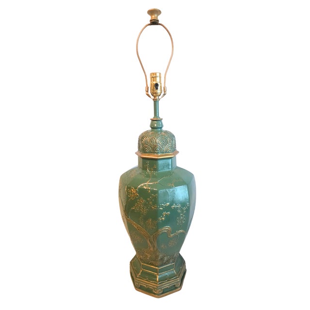 Textile 1970s Hollywood Regency Custom Lacquered Emerald Green & Gilt Chinoiserie Table Lamp For Sale - Image 7 of 18