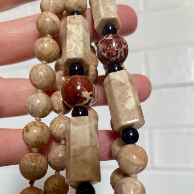 1990s Chunky Fossil & Red Brecciated Jasper Bead Necklace 1990s Individually Knotted 32” For Sale - Image 5 of 8