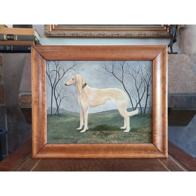 Late 19th century oil painting of a saluki standing in a grassy field. Original and one of a kind. The medium is oil on...