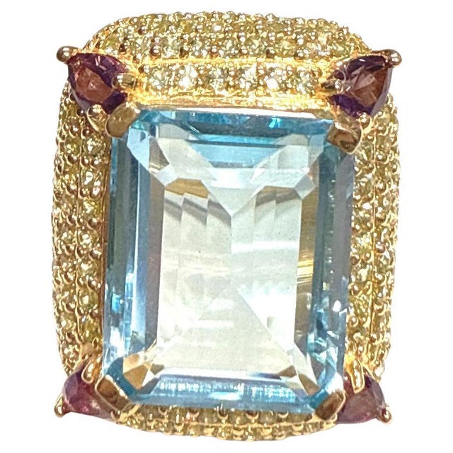 Bochic “Orient” Blue Topaz & Multi Gem Cocktail Ring Set In 18K Gold & Silver, Size 7 For Sale