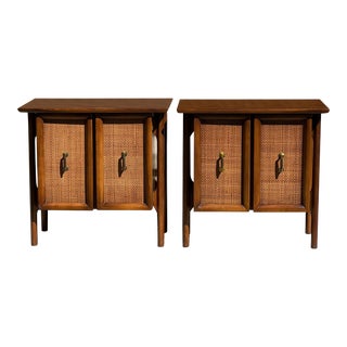1950s Mid Century Walnut Floating Nightstands With Cane Doors - a Pair For Sale