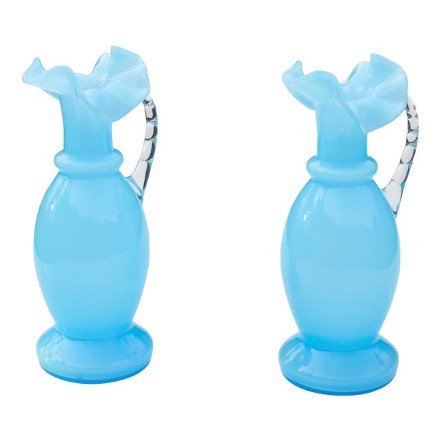 Mid 20th Century Handmade Blue Art-Glass Vases With Handles- Set of 2 For Sale