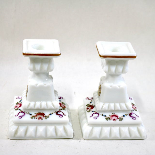 Westmoreland Glass Mid-20th Century Westmoreland Hand-Painted Milk Glass "Roses & Bows" Candlestick Holders - A Pair For Sale - Image 4 of 10