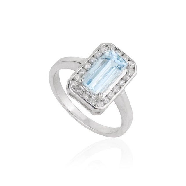 Sky Blue 925 Sterling Silver Aquamarine Statement Ring With Diamond Halo, Size 6.5 For Sale - Image 8 of 15
