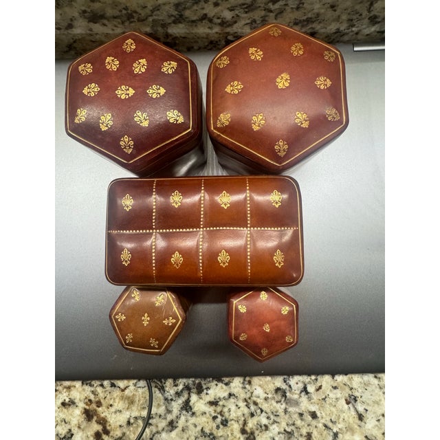 Rare and beautiful, high-end fine Italian leather cases, perfect for jewelry storage and trinket boxes. Five pieces in...