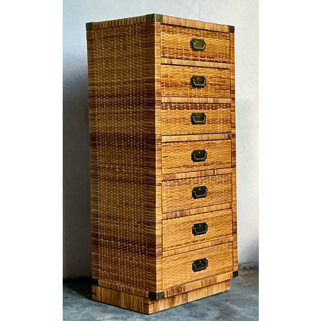 Campaign Vintage Boho Woven Rattan Tall Chest For Sale - Image 3 of 5