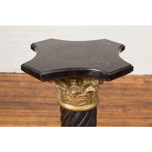 Black Pair of Black Carrara Marble Twisted Pedestals with Bronze Corinthian Capitals For Sale - Image 8 of 15