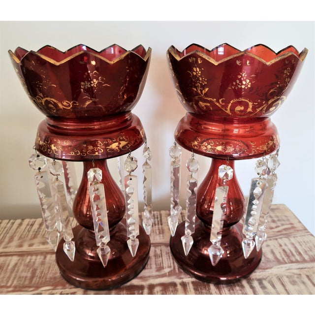 Antique Mantle Lusters Late Victorian Ruby Glass, Enamel and Gilt