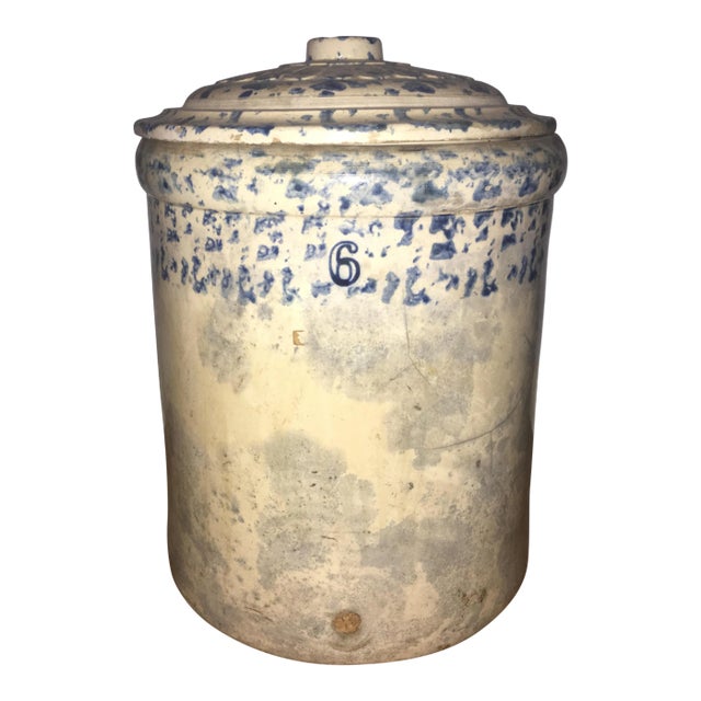 19th Century Antique Spongeware Pottery Crock With Lid For Sale