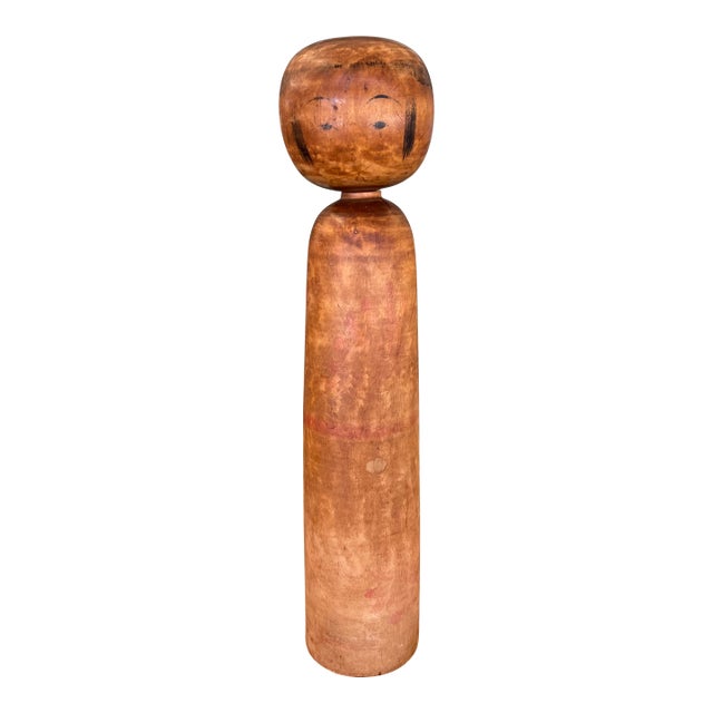 Vintage Japanese Kokeshi Doll With Hand-Painted Floral Detail and Carved Wood Base. For Sale