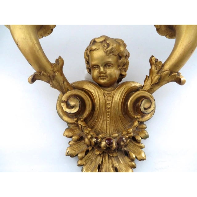 19thc French Louis XV Carved & Gilt Wood Putto/ Cherub Double Wall Sconces Electrified a - Pair For Sale - Image 10 of 13