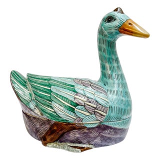 Mid 20th Century Large Scale Chinese Famille Rose Swimming Goose Form Tureen For Sale