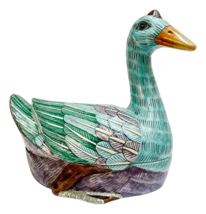 Mid 20th Century Large Scale Chinese Famille Rose Swimming Goose Form Tureen
