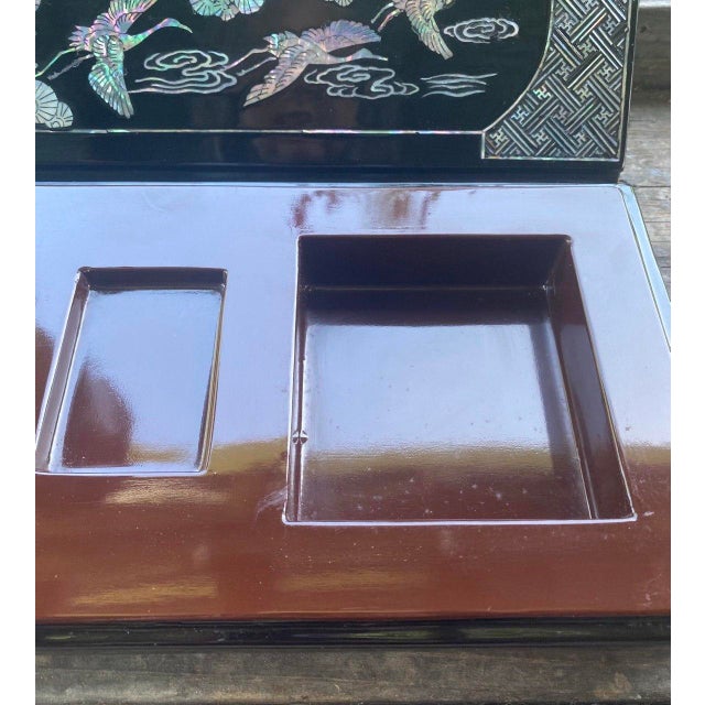 Large Vintage Korean Black Lacquer Mother-of-Pearl Scholar’s Box With Brass Dish Insert For Sale - Image 14 of 16