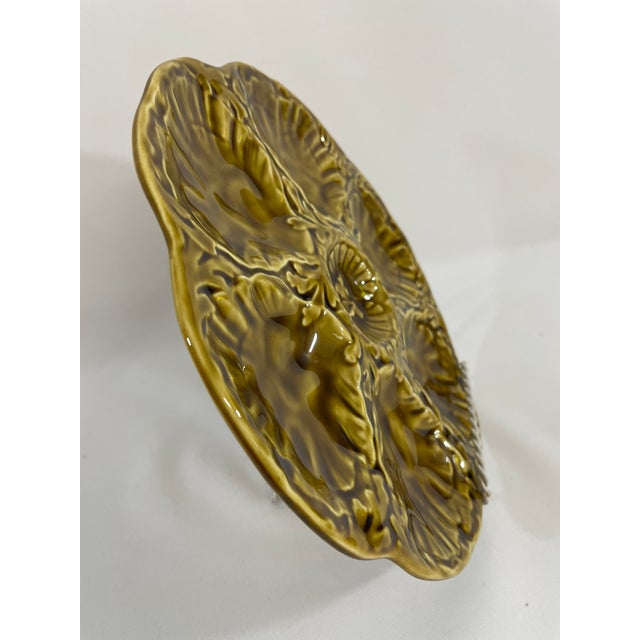 1950s French Gien Majolica Olive Green Oyster Plate For Sale - Image 10 of 16