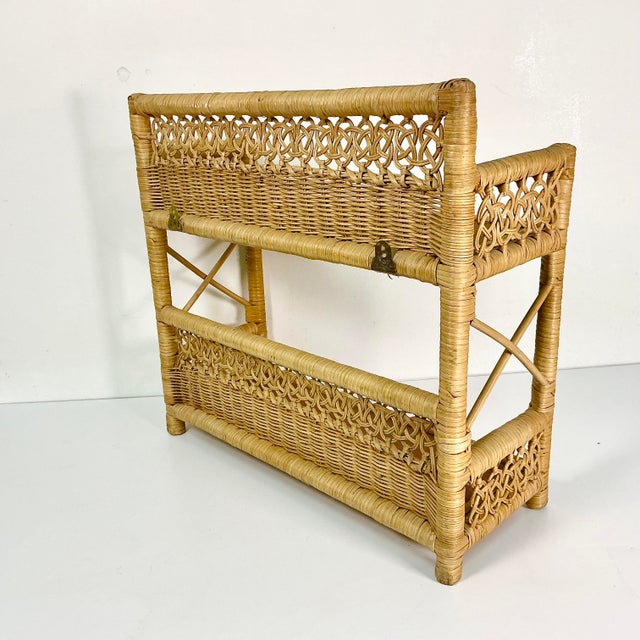 Wood Mid-Century Boho Chic Coastal Arts & Crafts Double Knot Loop Wicker Wall Shelf For Sale - Image 7 of 16