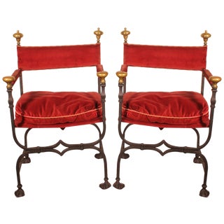 Set of Curule Armchairs in Wrought Iron and Bronze For Sale