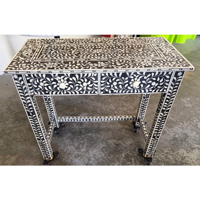 Wood Aditya Handicrafts Indian Black & White Floral Bone Inlay Two-Drawer Console Table, 2021 For Sale - Image 7 of 12