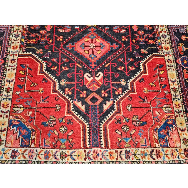Vintage Persian Hamadan Gallery Rug, Hand-Knotted Wool, Geometric Medallion Pattern, Navy & Red, 6x12 For Sale - Image 16 of 17