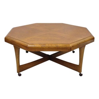 Vintage Lane Mid Century Modern Walnut Octagonal Stretcher Base Coffee Table For Sale