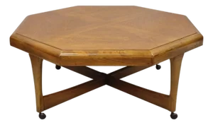 Vintage Lane Mid Century Modern Walnut Octagonal Stretcher Base Coffee Table