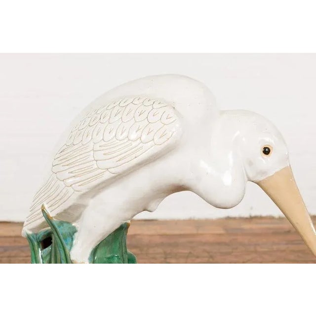 Vintage Lifesize Chinese White & Cream Glazed Ceramic Heron Bird Sculpture For Sale In New York - Image 6 of 13