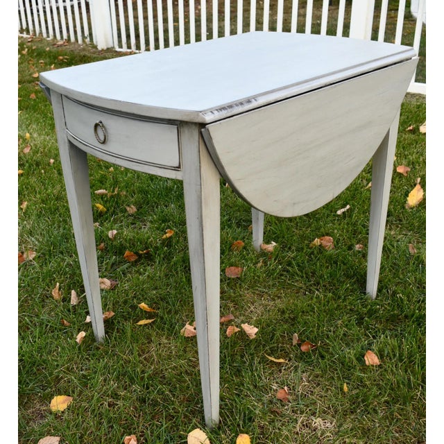Traditional Mahogany Pembroke Drop Leaf Accent Table Painted Storage Drawer Gray 70s For Sale - Image 3 of 12