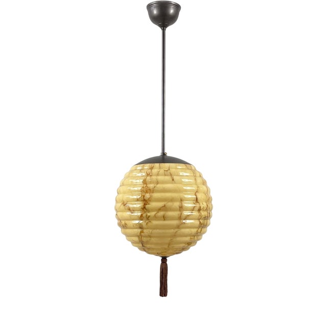 Opaline Glass and Burnished Brass Beehive Ball Pendant, Germany, 1930s For Sale