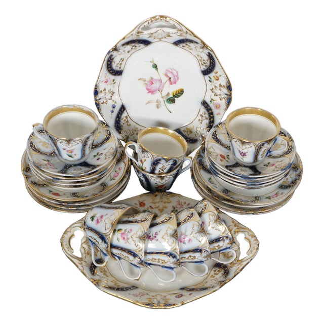 Antique Cobalt Blue & Gold Tea Coffee Demitasse Cups Dessert Plates China - 27 pcs For Sale
