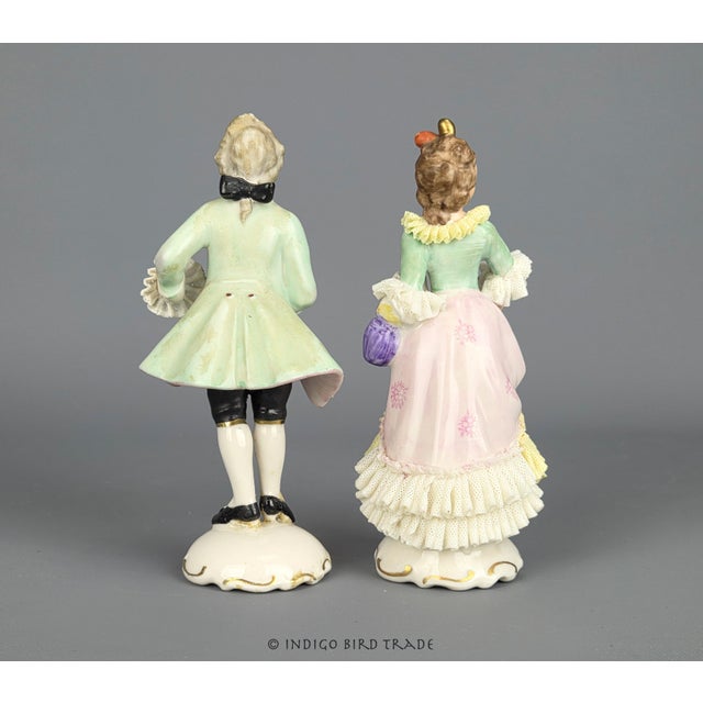Green 1930's Antique Fine Porcelain Dresden Couple Figurines Germany - Set of 2 For Sale - Image 8 of 10