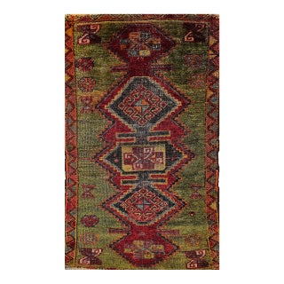 Antique Turkish Oushak Area Rug, Handwoven Wool, Geometric, Green & Red, 2' x 3' For Sale