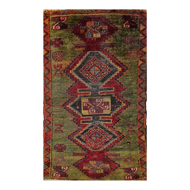 Antique Turkish Oushak Area Rug, Handwoven Wool, Geometric, Green & Red, 2' x 3' For Sale