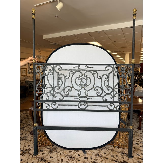 Metal Forged Iron Canopy Queen Four Poster Bed With Scrollwork and Brass Finials For Sale - Image 7 of 10