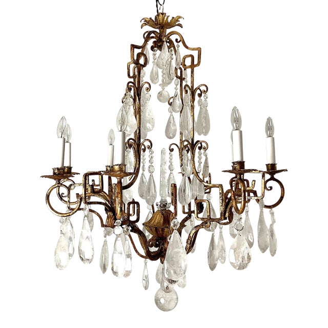 Vintage Greek Key Gold Leaf Metal Frame With All Natural Rock Crystals For Sale