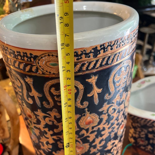 Ceramic 1970s Set of 2, Asian Inspired Peacock Design Umbrella Stand and Vase For Sale - Image 7 of 12