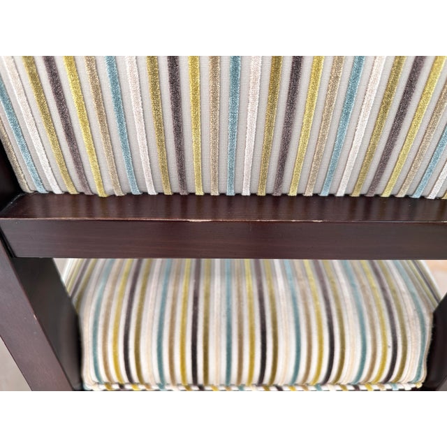 Bottle Green Set of 2 Cherish-Bar Stools From Crate & Barrel With Romo Striped Textured Velvet Upholstery Seat Covering For Sale - Image 8 of 12