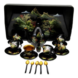 1950s Chinoiserie Chinese Hand-Painted Tea Set With Tray and Spoons For Sale