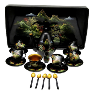 1950s Chinoiserie Chinese Hand-Painted Tea Set With Tray and Spoons