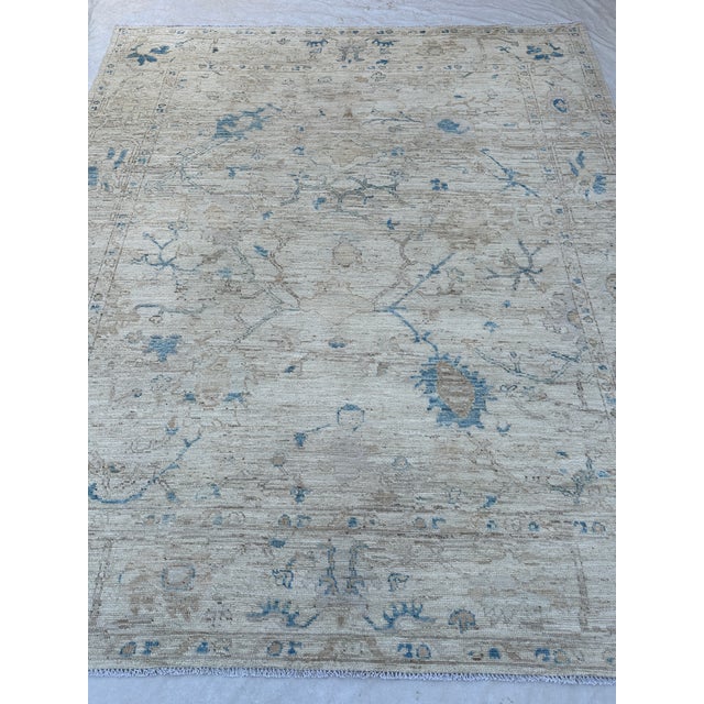 Ivory and Soft Blue Oushak Wool Rug With Floral Border For Sale - Image 4 of 7