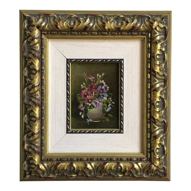 Late 20th Century Floral Oil-On-Board Still Life, Framed- For Sale