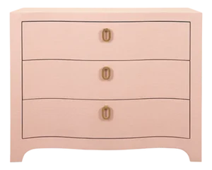 Matthew Izzo Home Cora Textured Pink Linen Low Boy Chest of Drawers With Brass Drawer Pulls