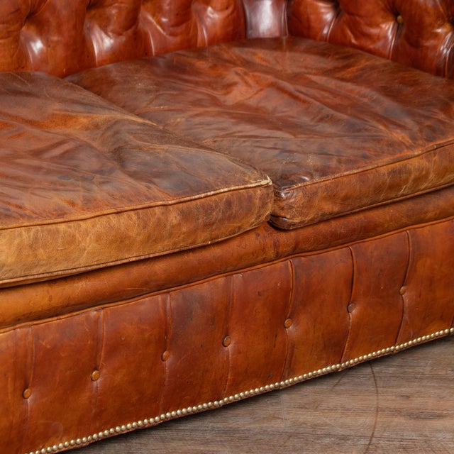 Pair of French Brown Leather Chesterfield Two Seat Loveseat Sofas For Sale - Image 13 of 16