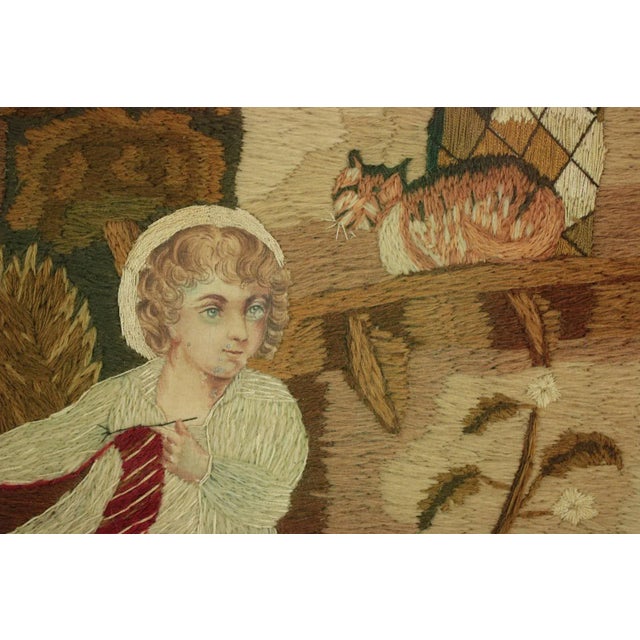 Early 19th Century Georgian Woolwork Picture of Child Playing With Cat For Sale - Image 6 of 13