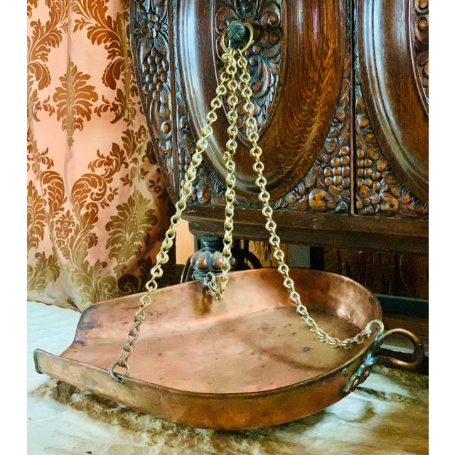 Monumental 1890's Victorian English shopkeeper's scale pan in copper with hand fashioned double link chain, rivets, and...