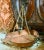 Monumental 1890's Victorian English shopkeeper's scale pan in copper with hand fashioned double link chain, rivets, and...