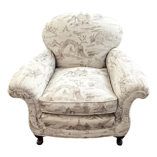 1930s Chinoiserie Linen Toile Newly Upholstered Rolled Arm Club Chair For Sale