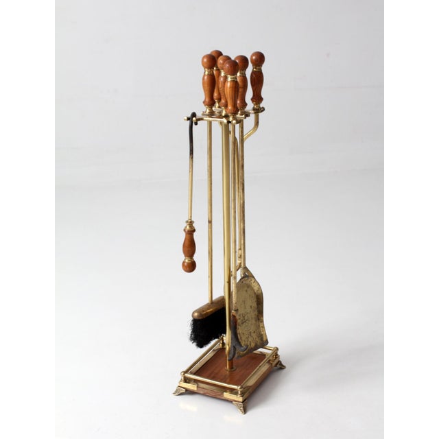 Wood Vintage Hollywood Regency Brass Fireplace Tools Set With Wood Handles For Sale - Image 7 of 18