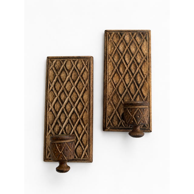 Vintage Brutalist Hand-Carved Oak Wall Sconces with Brass and Wrought Iron, 1970s, Set of 2 For Sale - Image 10 of 10